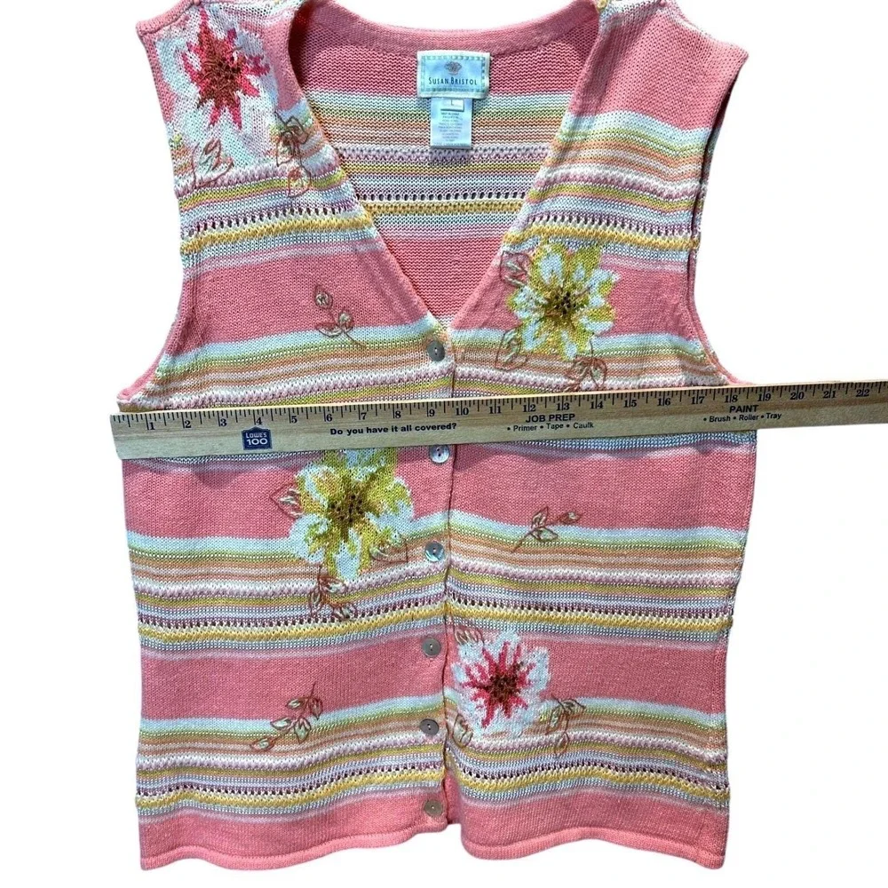 Vintage Susan‎ Bristol Floral Embroidered Sweater Vest Pink Stripe Cottagecore L - Picture 9 of 10